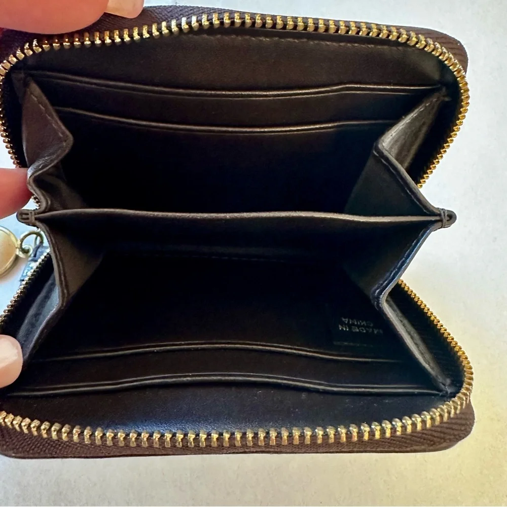 Coach Signature Stripe Zip Coin Wallet Card Case Brown Khaki Canvas Gold Charm